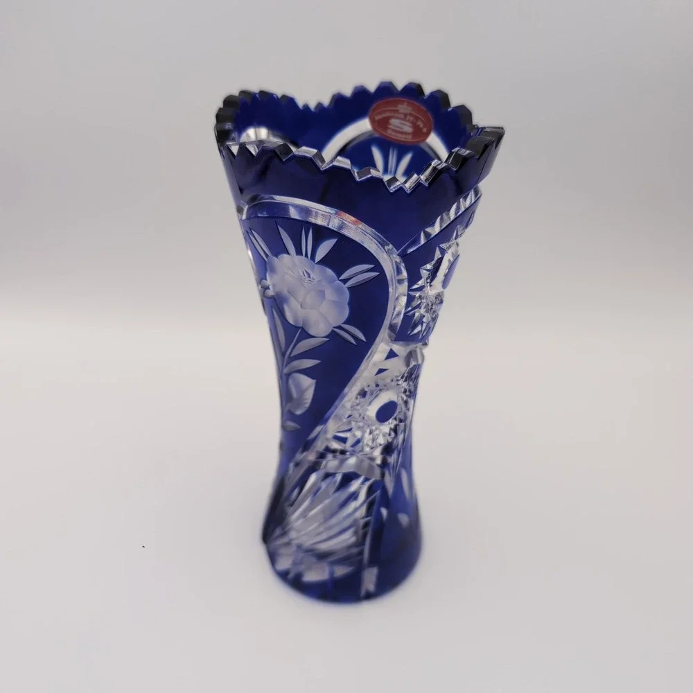 Vintage German Cobalt Blue Cut to Clear 24% Lead Crystal Rose Vase 8